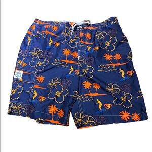 Chaps XL Mens Swim Trunks Navy and Orange Surfer Print